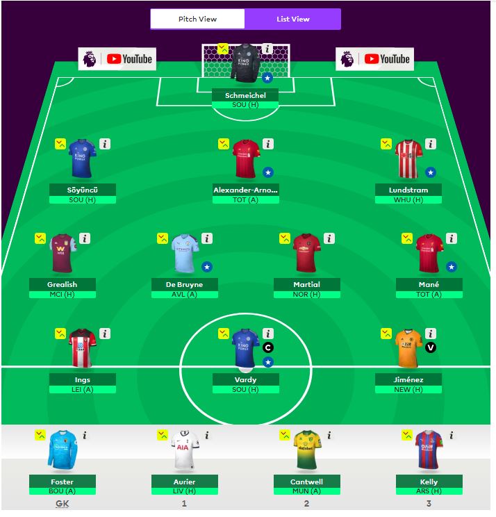 Machine generated alternative text:
Pitch •viu. 
a YouTube 
SOU 
LEI (A? 
Bou A 
O 
De 
Sch m eich el 
SOu H 
O 
Al nd n o 
TOT 
Vardy 
SOU (H) 
Martial 
NOR H 
VouTube 
O 
TOT A 
NEW (H) 
Kel 